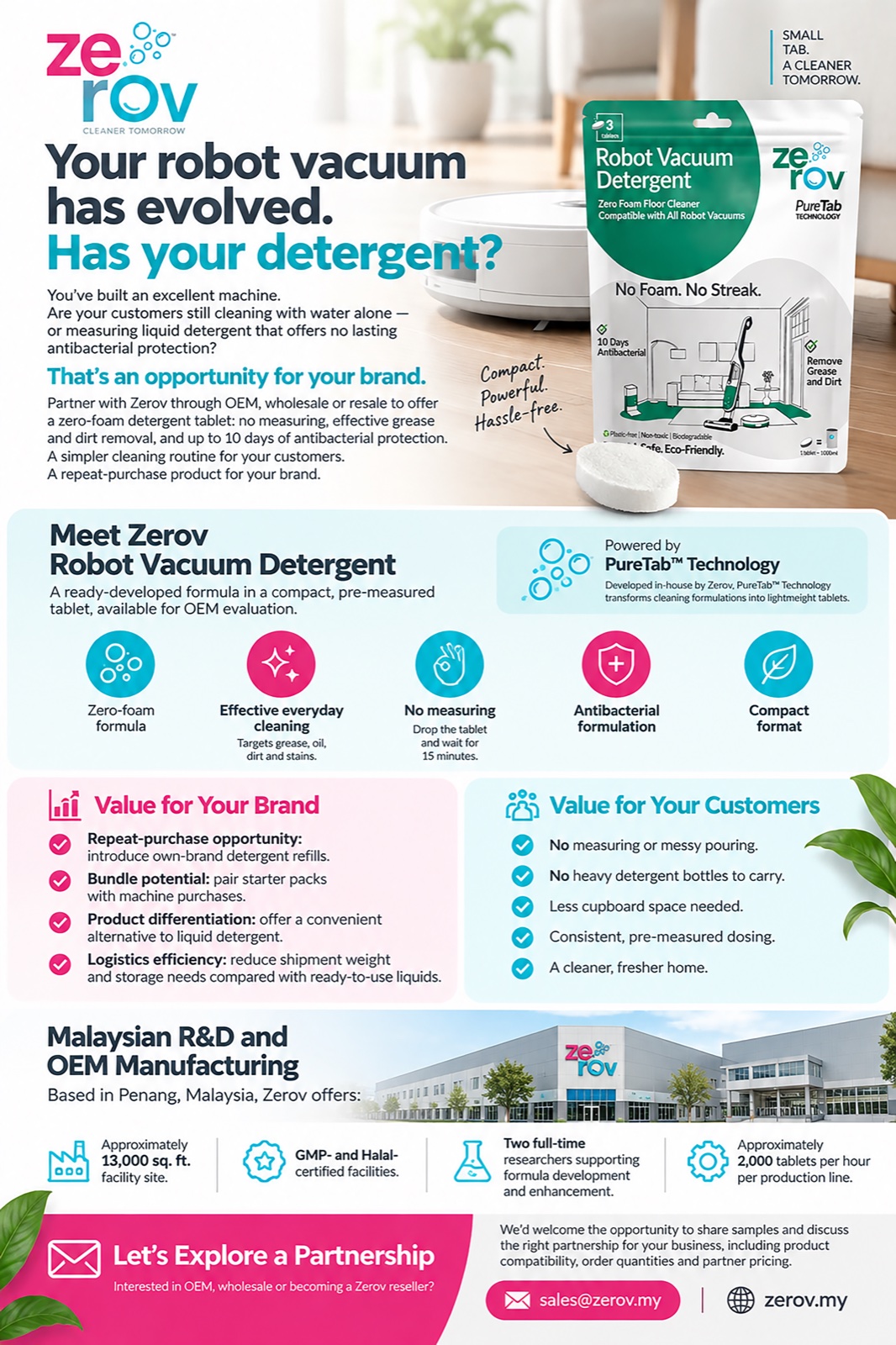 Zerov Robot Vacuum Detergent. Zero-foam, pre-measured tablets. OEM, wholesale and reseller opportunities. WhatsApp +60 11-1641 2836 to explore a partnership.
